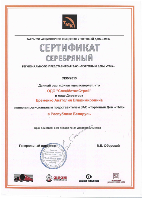 Сертификат ргионального представителя в 2013 году